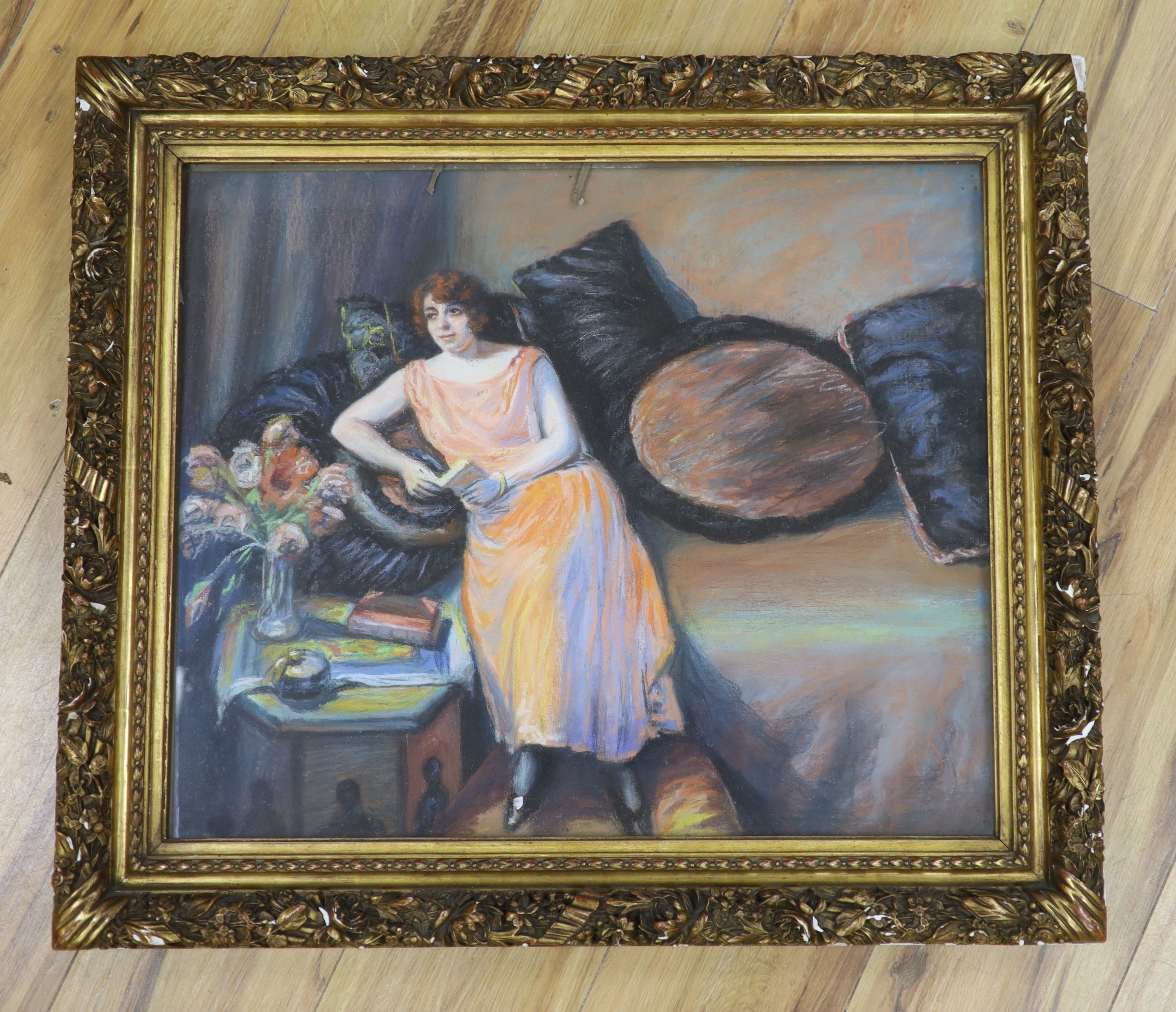 20th century French School. Study of a lady reading a book, pastel, 18.25